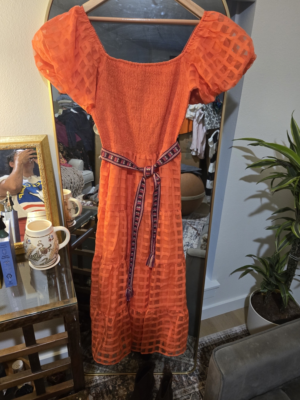 PRETTYGARDEN Orange Smocked Puff Sleeve Midi Dress XL NWT
